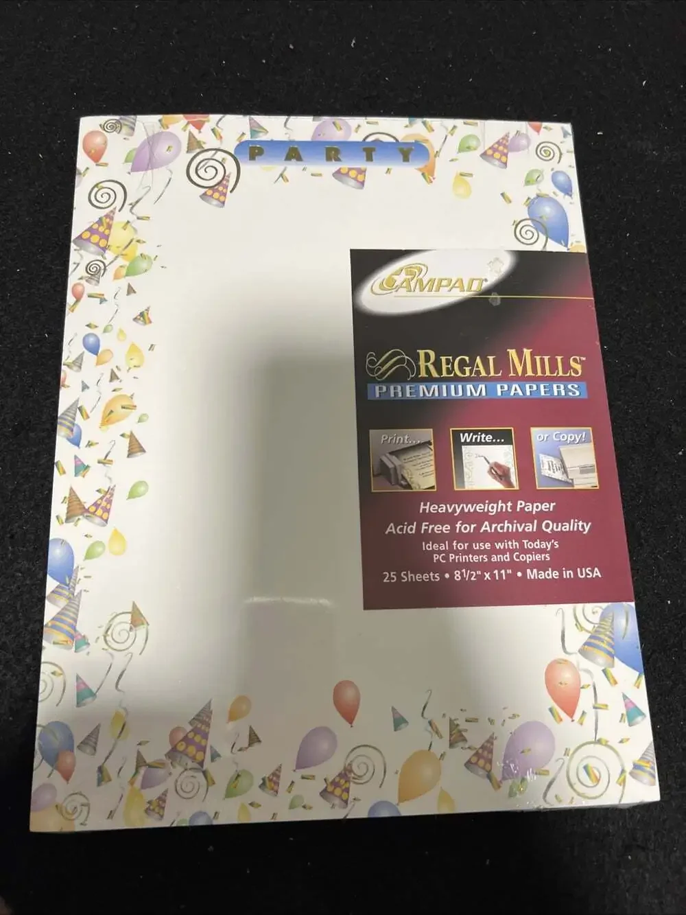 AMPAD Regal Mills Party Theme Premium Stationery Paper 25 Sheets 8.5x11 USA